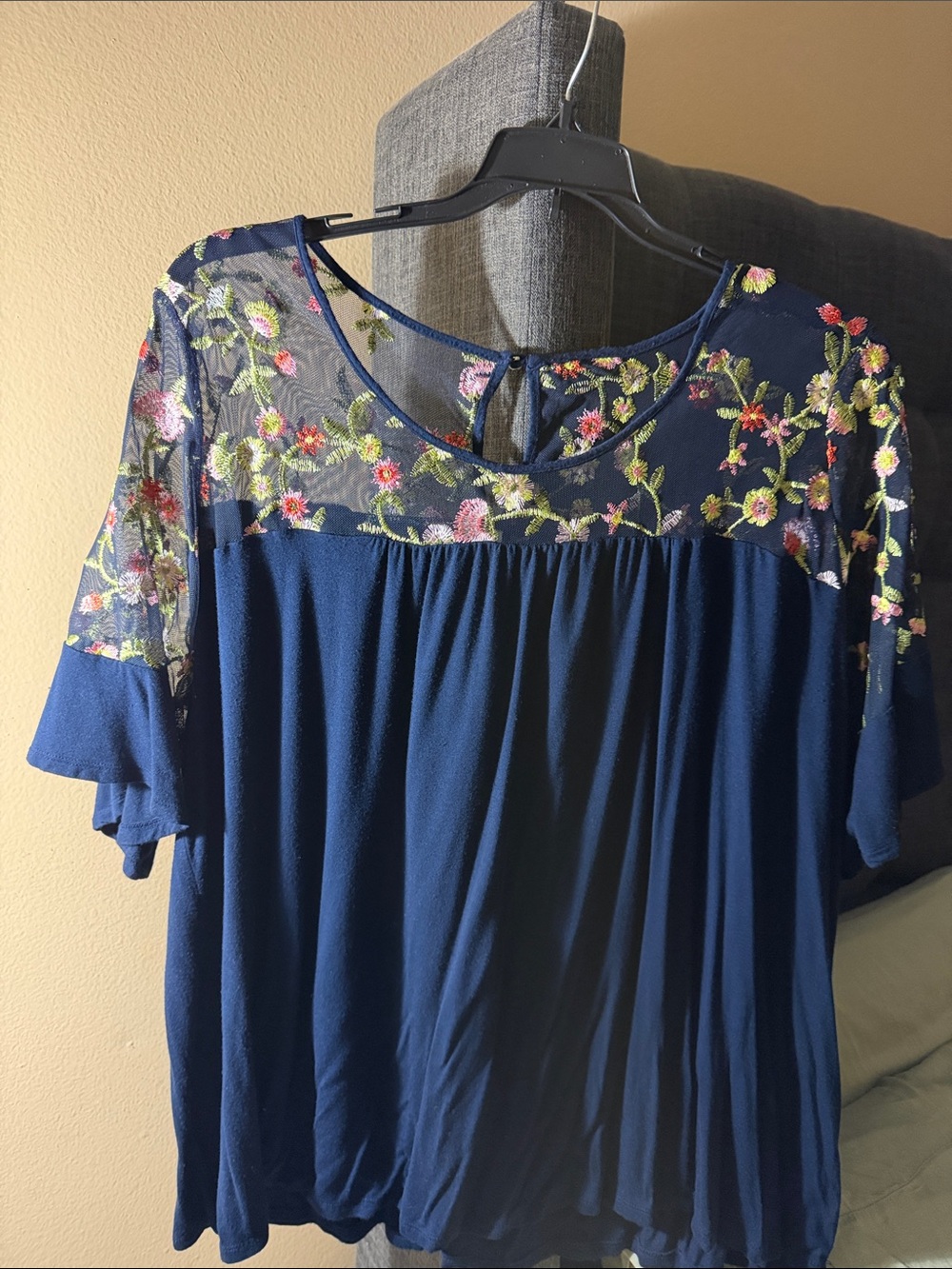 Embroidered Navy Floral Yoke Women's Top
